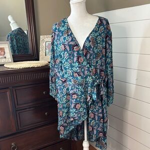 Torrid Elegant Floral Teal Blue Print Chiffon Wrap Blouse